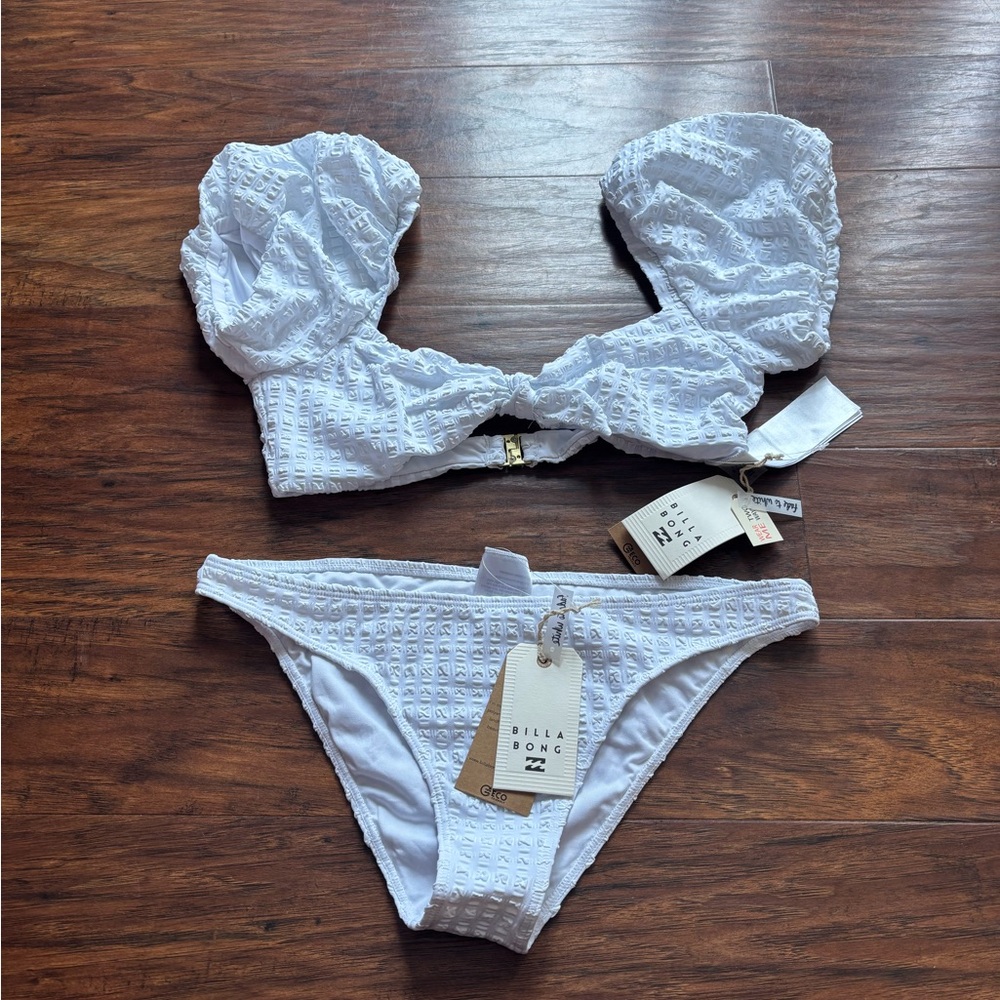 BillaBong Wave Check Puff Sleeve Bikini Set Size Large - Picture 2 of 5